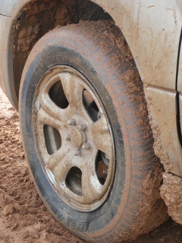 Transpantaneira road clay still sticking to tire hours after we extracted ourselves. It was much thicker last night.